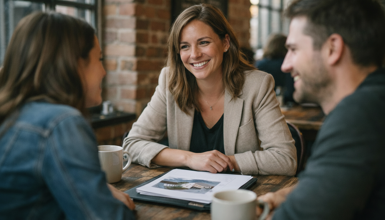 Agent meeting with couple at coffee shop