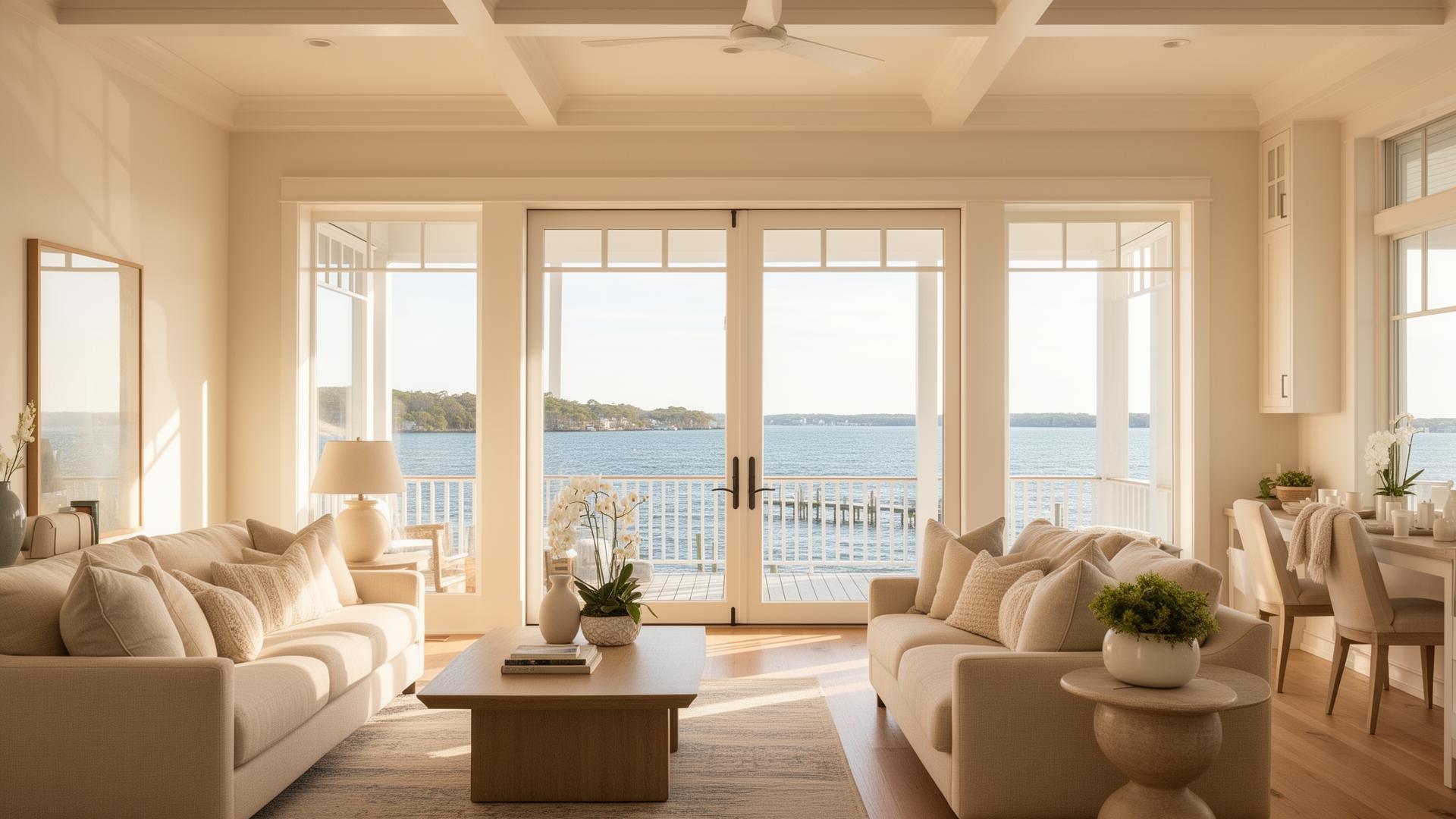 Bright waterfront living room looking out to the water — Bean Group real estate
