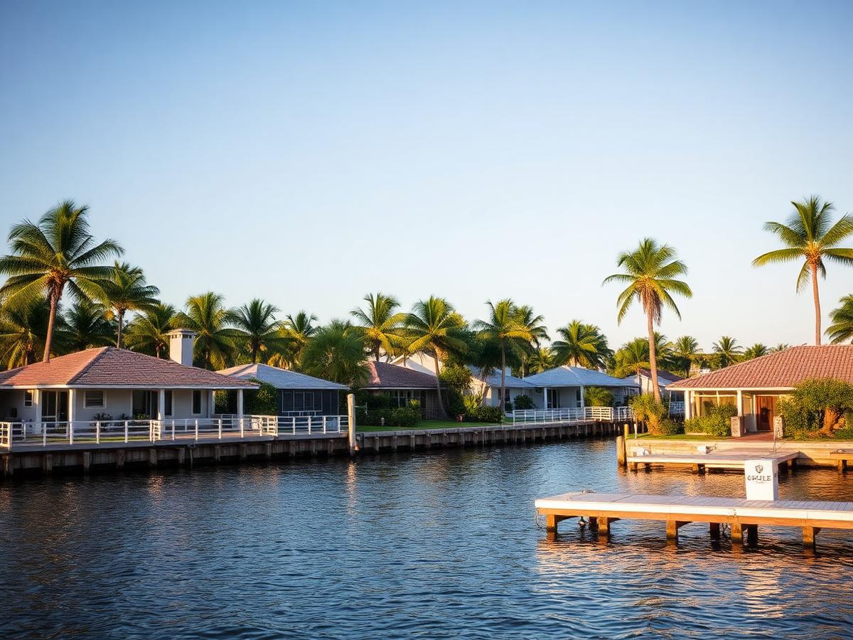 Palm-lined waterfront homes and docks on the Florida coast