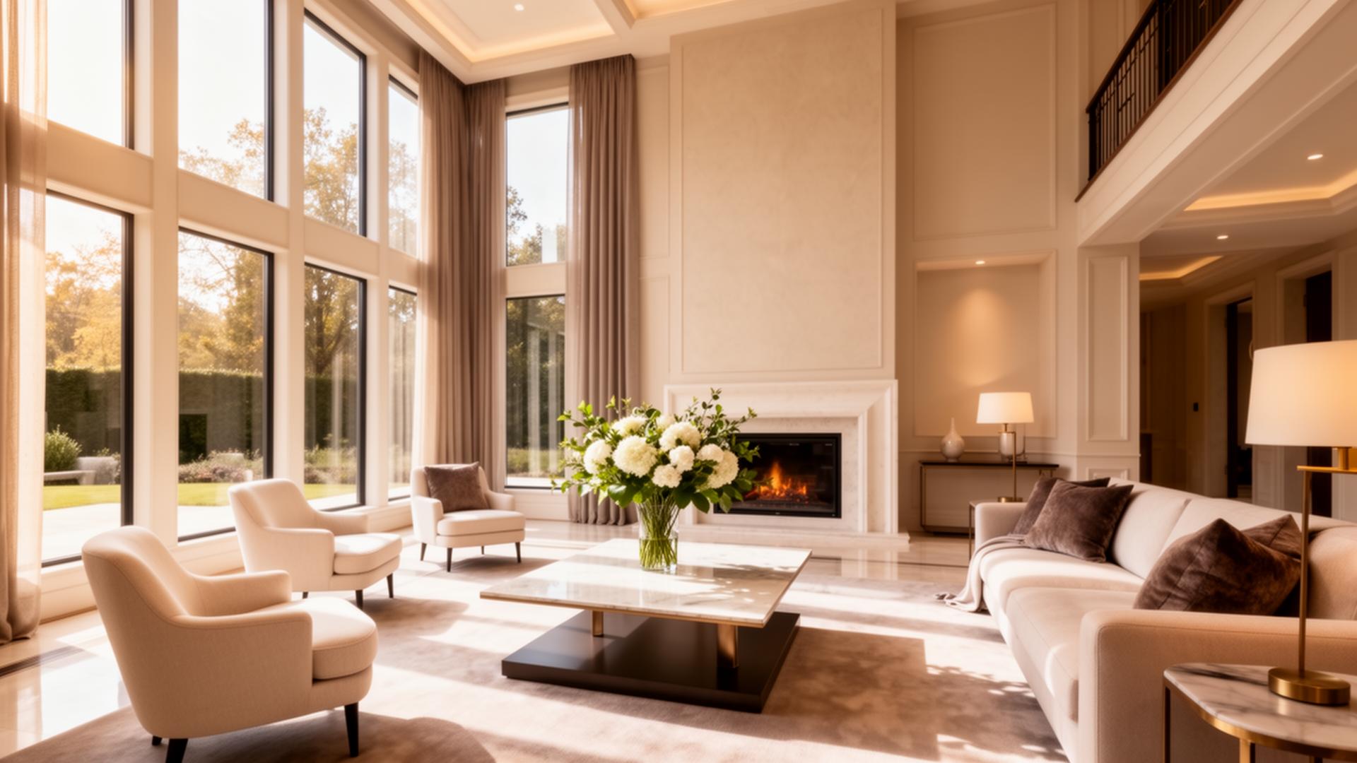 Luxury living room interior with natural light