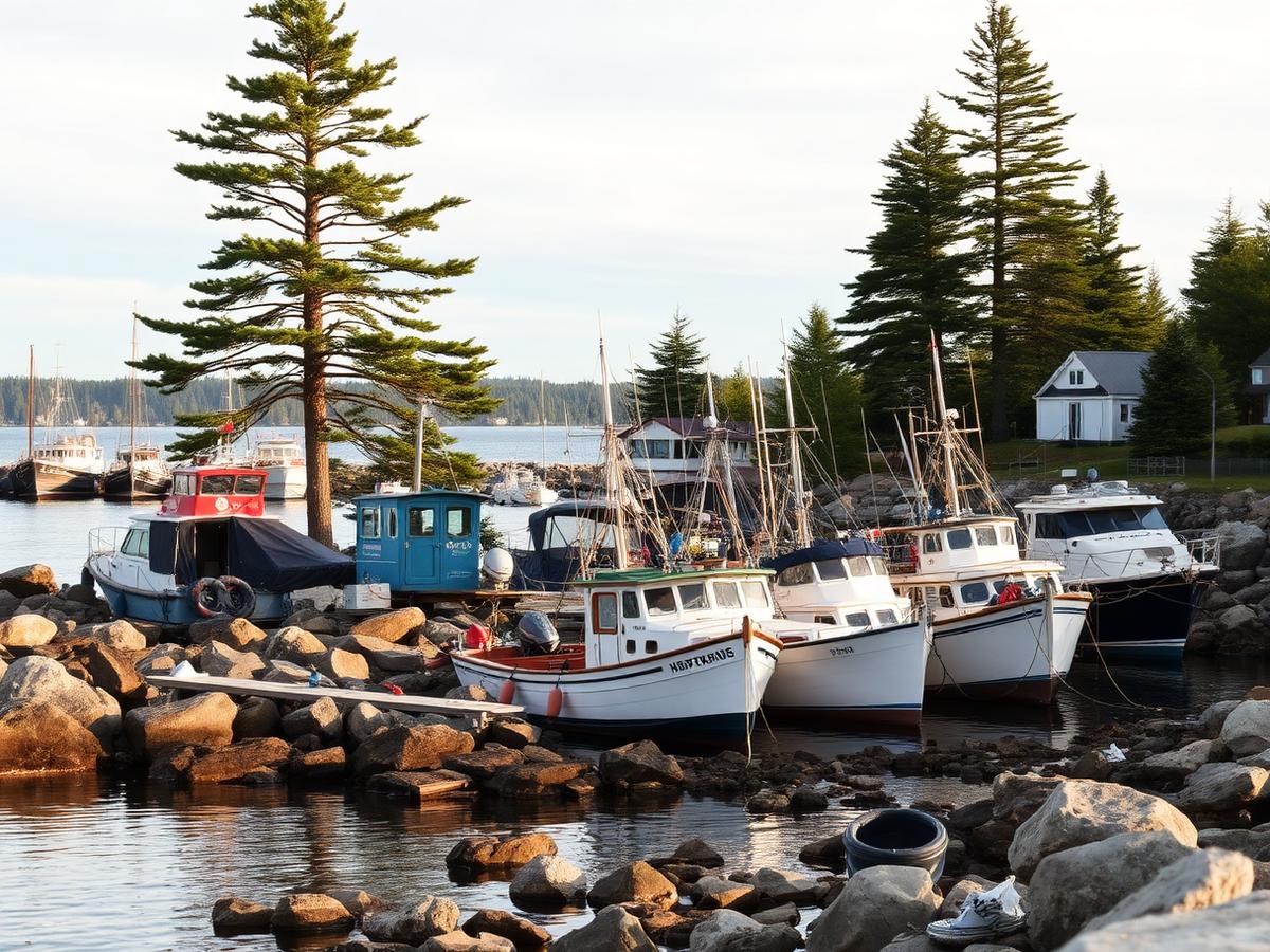 A midcoast Maine harbor with working boats and pine-lined shore