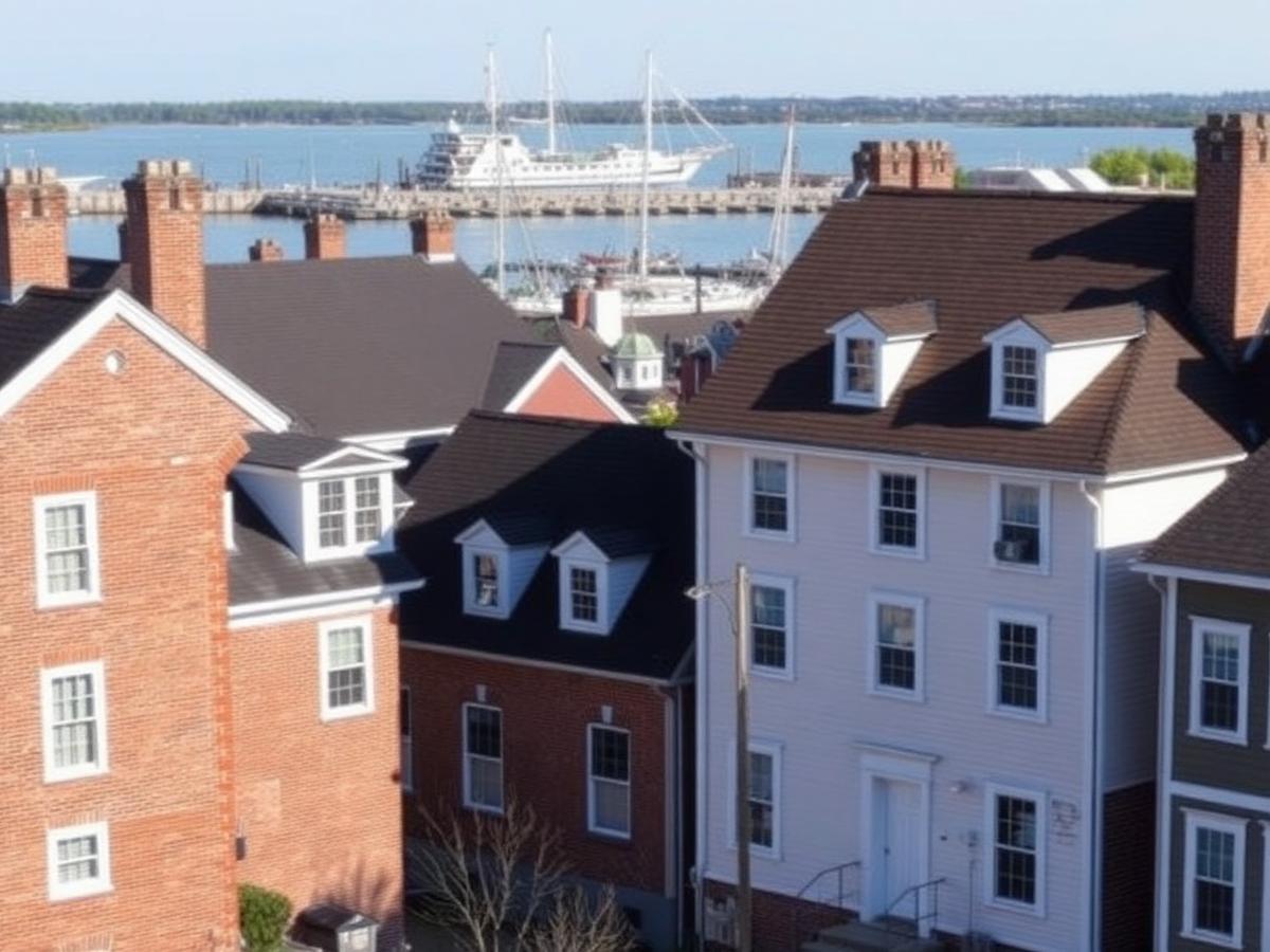 Historic brick and clapboard homes above a Massachusetts North Shore harbor