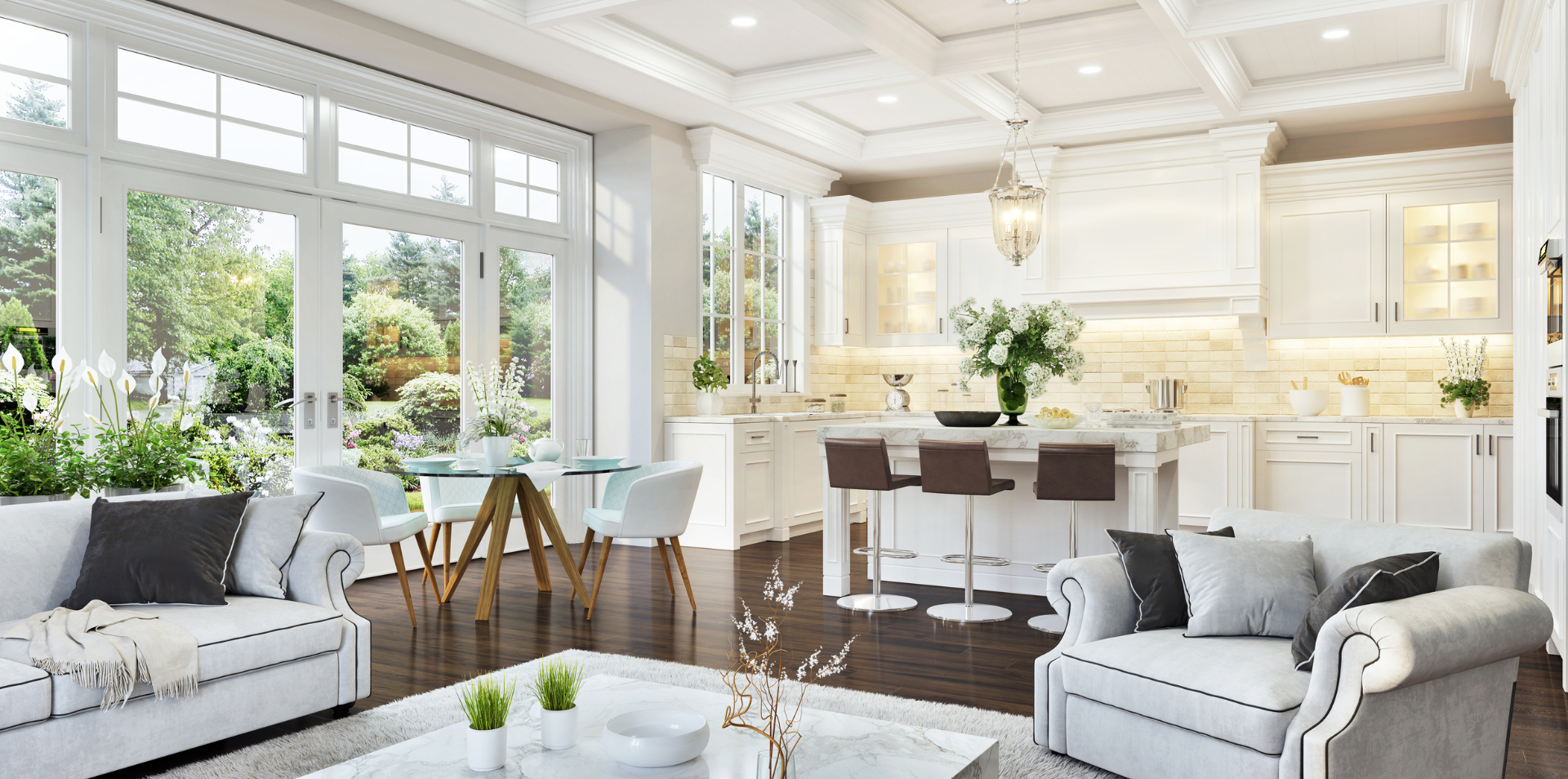 Luxury open-plan living and kitchen with coffered ceilings and garden views