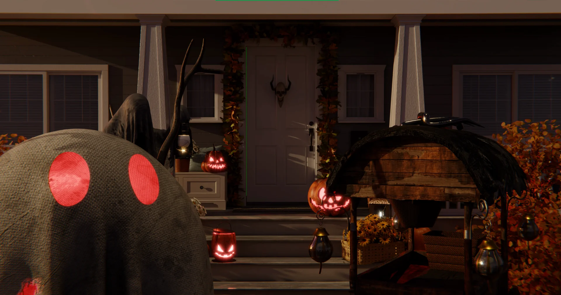 A Halloween front porch with pumpkins and a welcoming front door