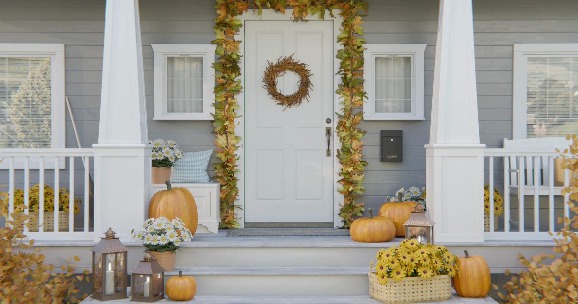 An autumn front porch with pumpkins, flowers and a welcoming front door
